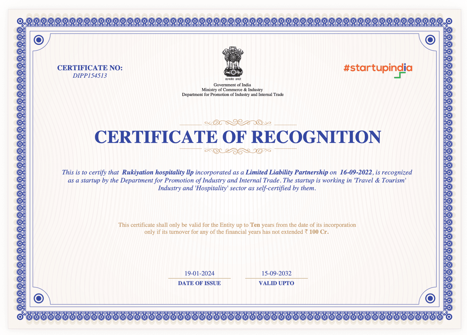 Government of India Startup India certificate of recognition for Rukiyation Hospitality LLP, certificate number DIPP154513