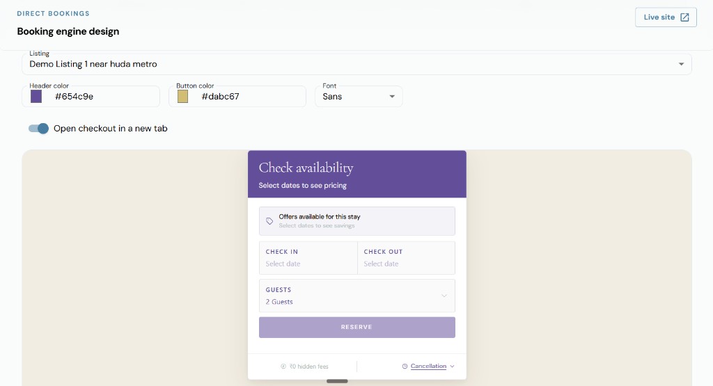 Booking widget you can embed on your own website: check availability, select dates, guests, and reserve