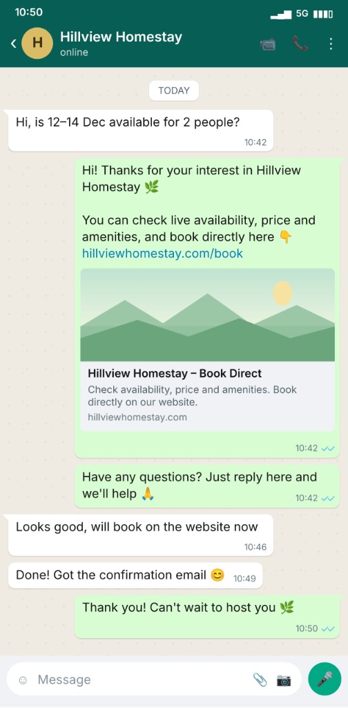 Chat where a guest asks about dates, gets a booking website link, and confirms they booked directly